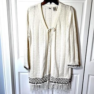 Laura Ashley fun BOHO, open front, wooden bead and fringe trimmed cream cardigan